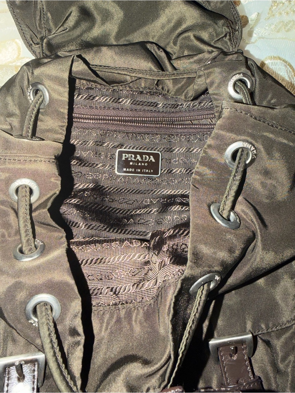 Prada Olive Green Nylon Backpack with Dark Brown Leather Trim - Picture 3 of 4